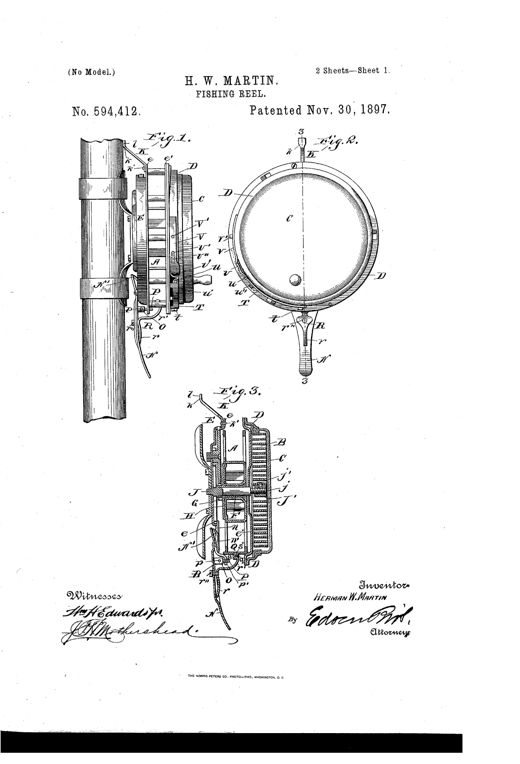 Patent drawing showing a fishing reel mounted on a pole with exploded and sectional views revealing the internal spring-loaded brake lever, ratcheted mainspring drum, and line-spool components labeled with reference letters.