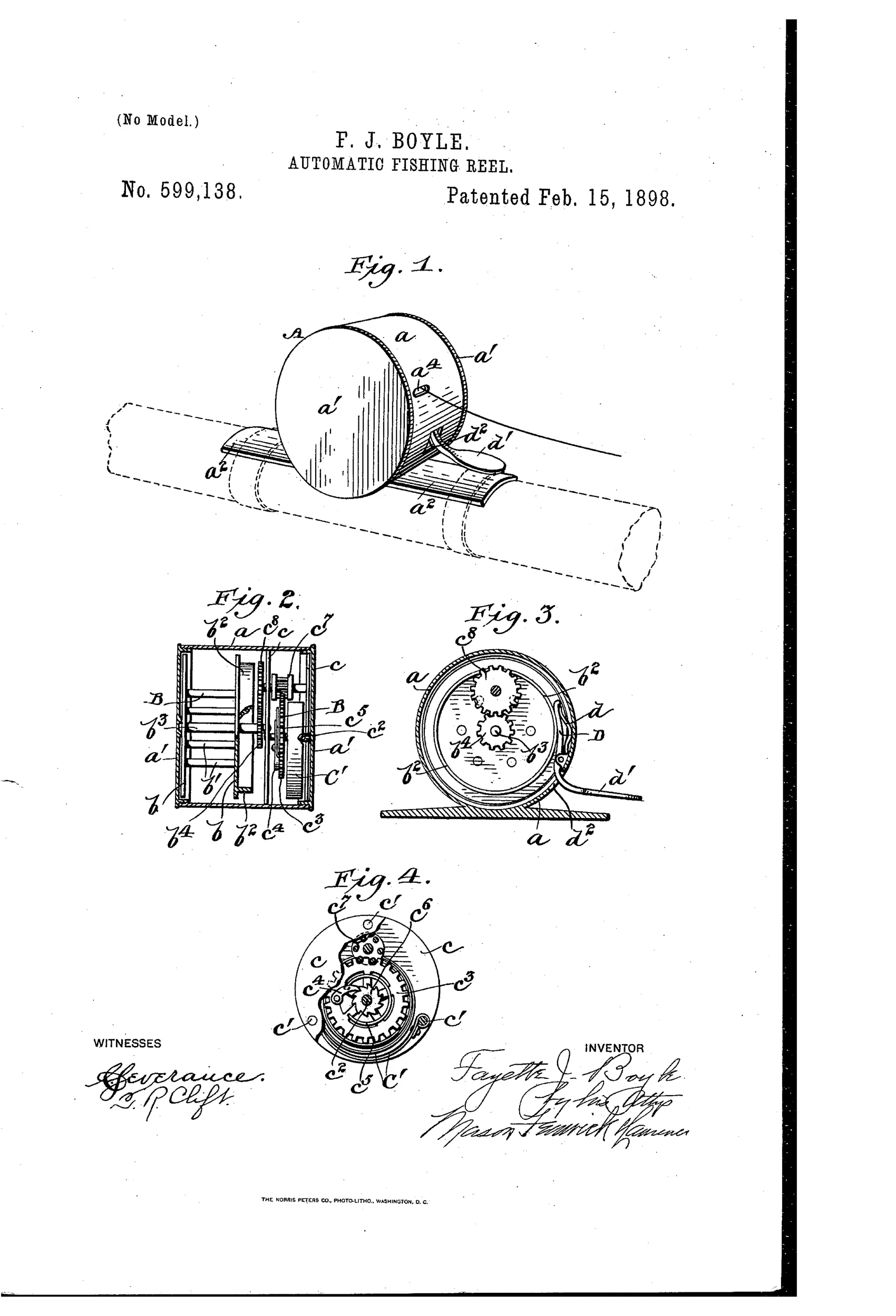 Patent drawing showing a cylindrical fishing reel with a winding spool mounted on a fishing rod, plus internal gear and brake mechanism views labeled with reference letters.