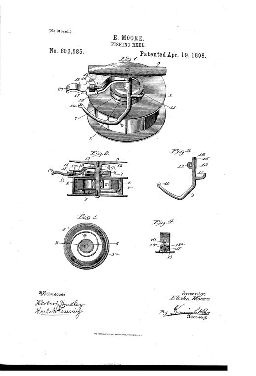 Patent drawing of a fishing reel mounted on a rod plate, showing an internal coiled spring, a cam-grooved drum, a swinging line guide arm with an eye, and a separate brake mechanism with a friction roller and ratchet teeth.