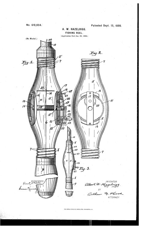 Patent drawing showing a bulb-shaped fishing reel split into two hollow sections with an internal bobbin, gears, and a pivoting crank handle, alongside a smaller side view of the assembled reel attached to a rod.