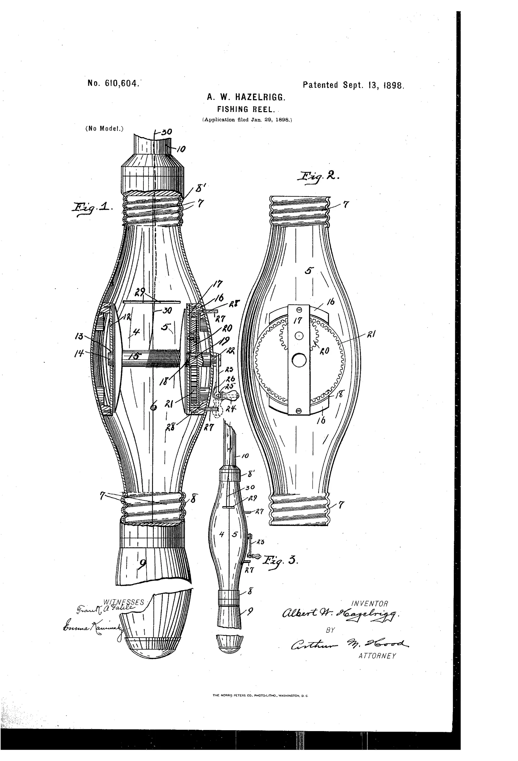 Patent drawing showing a bulb-shaped fishing reel split into two hollow sections with an internal bobbin, gears, and a pivoting crank handle, alongside a smaller side view of the assembled reel attached to a rod.