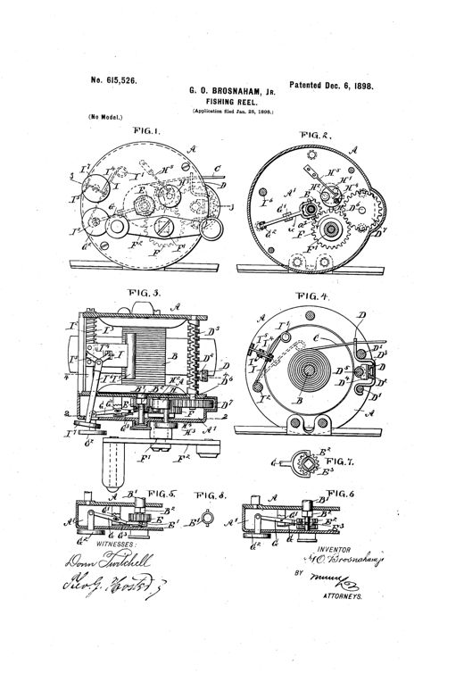 Patent drawing sheet showing eight numbered figures of a geared fishing reel, including side and sectional views revealing internal gear wheels, a clutch pinion, a brake lever with shoe, a screw-spindle level-wind guide, and a small pinion detail, with inventor's signature and witness signatures at bottom.