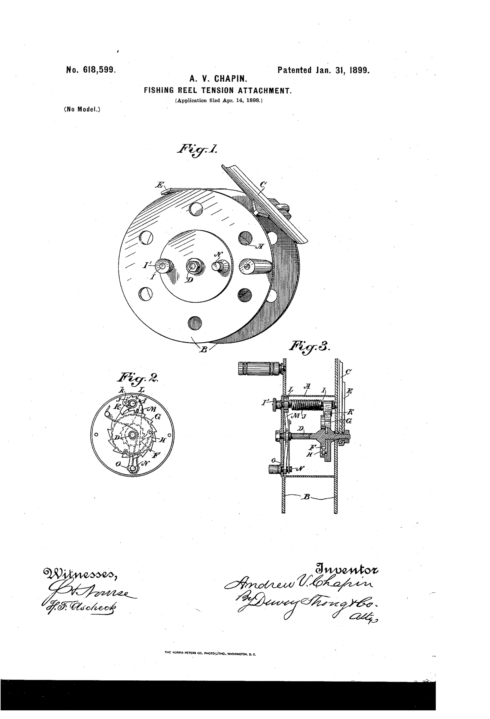 Patent drawing of a fishing reel showing a circular barrel with internal ratchet wheels and pawls (Figs. 1 and 2), and a cross-sectional side view (Fig. 3) revealing the shaft, spring, and thumb-adjustment knob for tension control.