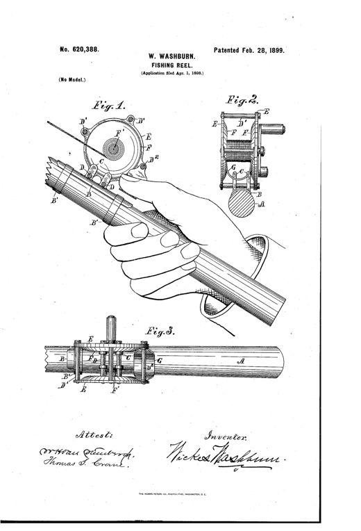 Patent drawing showing a fishing reel mounted on a rod butt held in a hand, with an exploded edge view and a plan view revealing internal tie-rods, lugs, and spool flanges labeled with letters A through G.