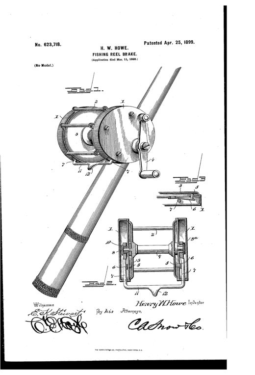 Patent drawing of a fishing reel mounted on a rod, showing the crank, spool, and two spring-loaded brake arms with a thumb button on a cross-bar, plus enlarged cutaway views of the brake-shoe mechanism.