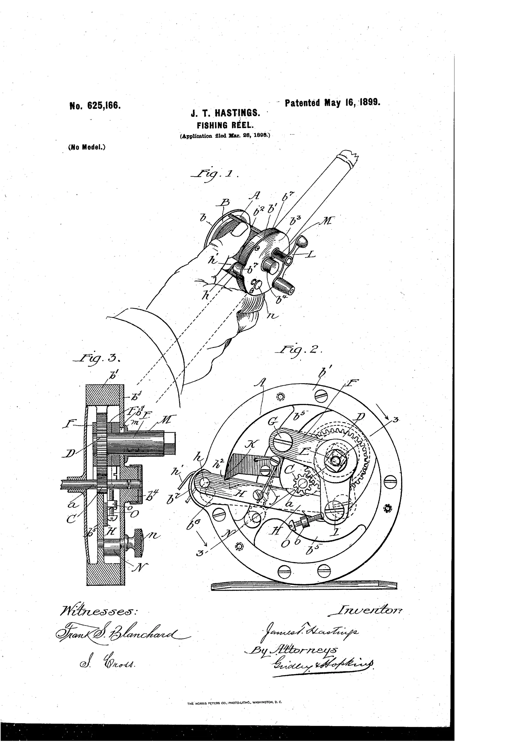 Patent drawing showing a fishing reel mounted on a rod held by a hand, with Fig. 1 illustrating the exterior view including thumb-piece and crank, Fig. 2 showing the internal gear mechanism with pinions, yoke, and thrust-rod exposed, and Fig. 3 depicting a cross-sectional view of the reel's internal shaft and locking components.