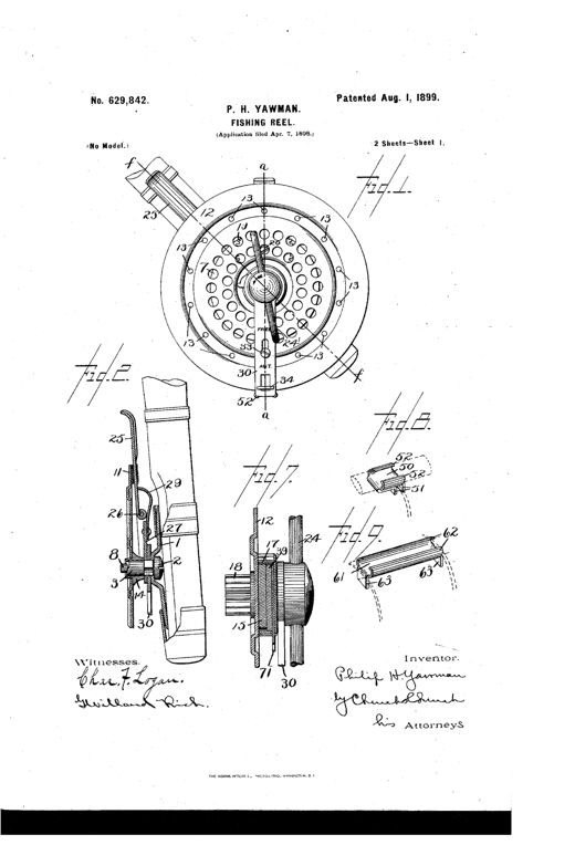 Patent drawing of an automatic spring-wound fishing reel showing a side elevation mounted on a rod section with numbered pillars, screws, and a brake lever, plus cross-sectional views revealing internal gearing, ratchet wheels, and a coiled mainspring.
