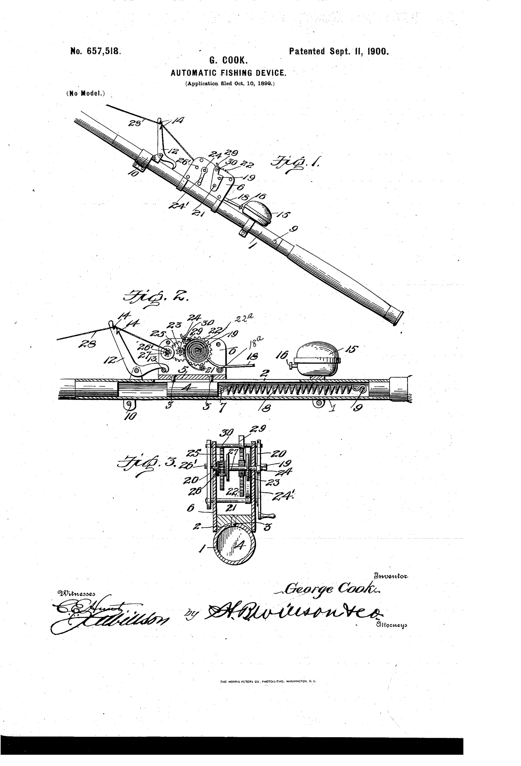 Patent drawing of a fishing rod fitted with a casing containing a spring, gear train, alarm bell, and crank-operated reel, shown in perspective and in longitudinal and cross-sectional views.
