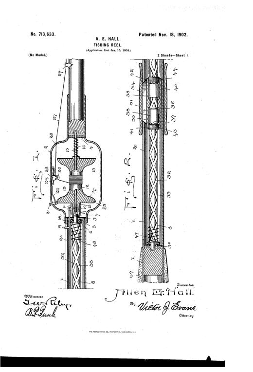 Patent drawing of a fishing rod with an internal reel mechanism, showing the spool, ratcheted collars, coil springs, sliding operating sleeve, and a full rod assembly with line looped through guides to a hand grip at the butt.