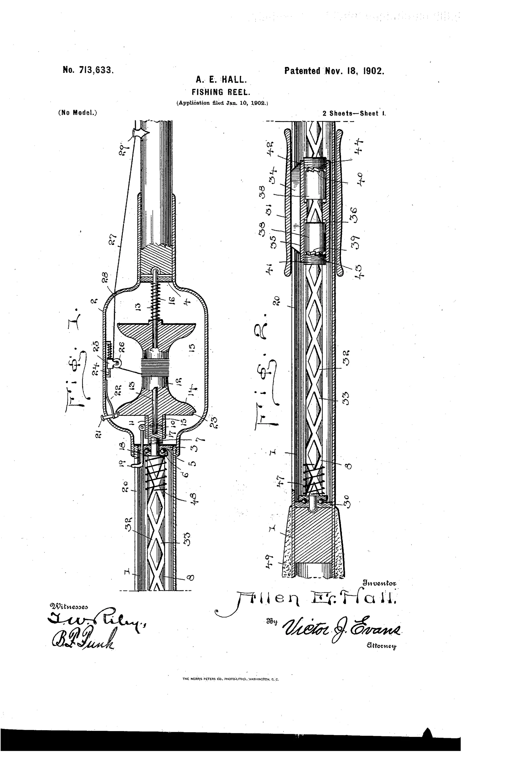 Patent drawing of a fishing rod with an internal reel mechanism, showing the spool, ratcheted collars, coil springs, sliding operating sleeve, and a full rod assembly with line looped through guides to a hand grip at the butt.