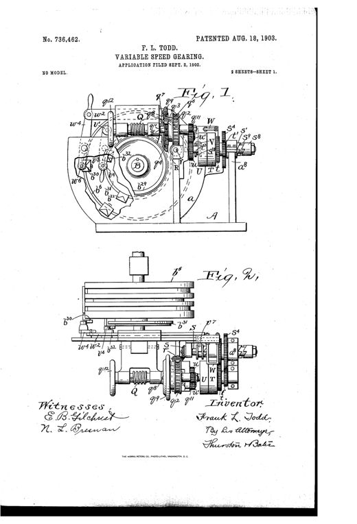 Mechanical drawing of a variable-speed gearing apparatus showing a main shaft with worm-wheel, cam-wheels, hand-wheels, belt-pulleys, and a spindle with sliding gear sleeves and clutch collars, labeled with numerous reference letters and numbers.