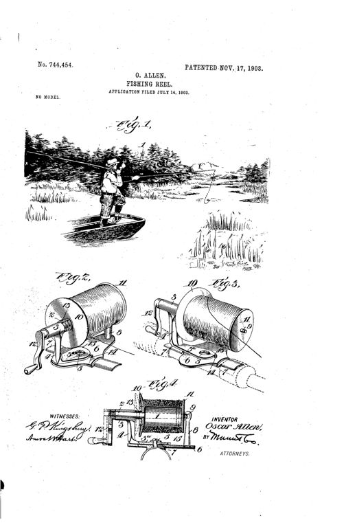 Patent drawing showing a man fly-fishing from a small boat with a pivoting reel labeled Fig. 1, plus three detailed mechanical views (Figs. 2-4) of the reel's spool, crank, pivot post, and coil spring assembly.