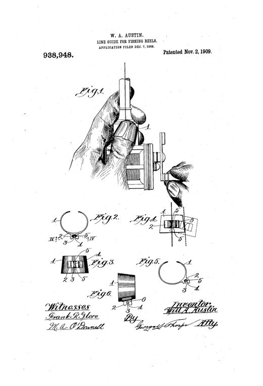 Patent drawing showing a hand gripping a fishing rod with a small split-thimble line guide clipped over the thumb, alongside detail views of the guide's flaring passage and lug from several angles.