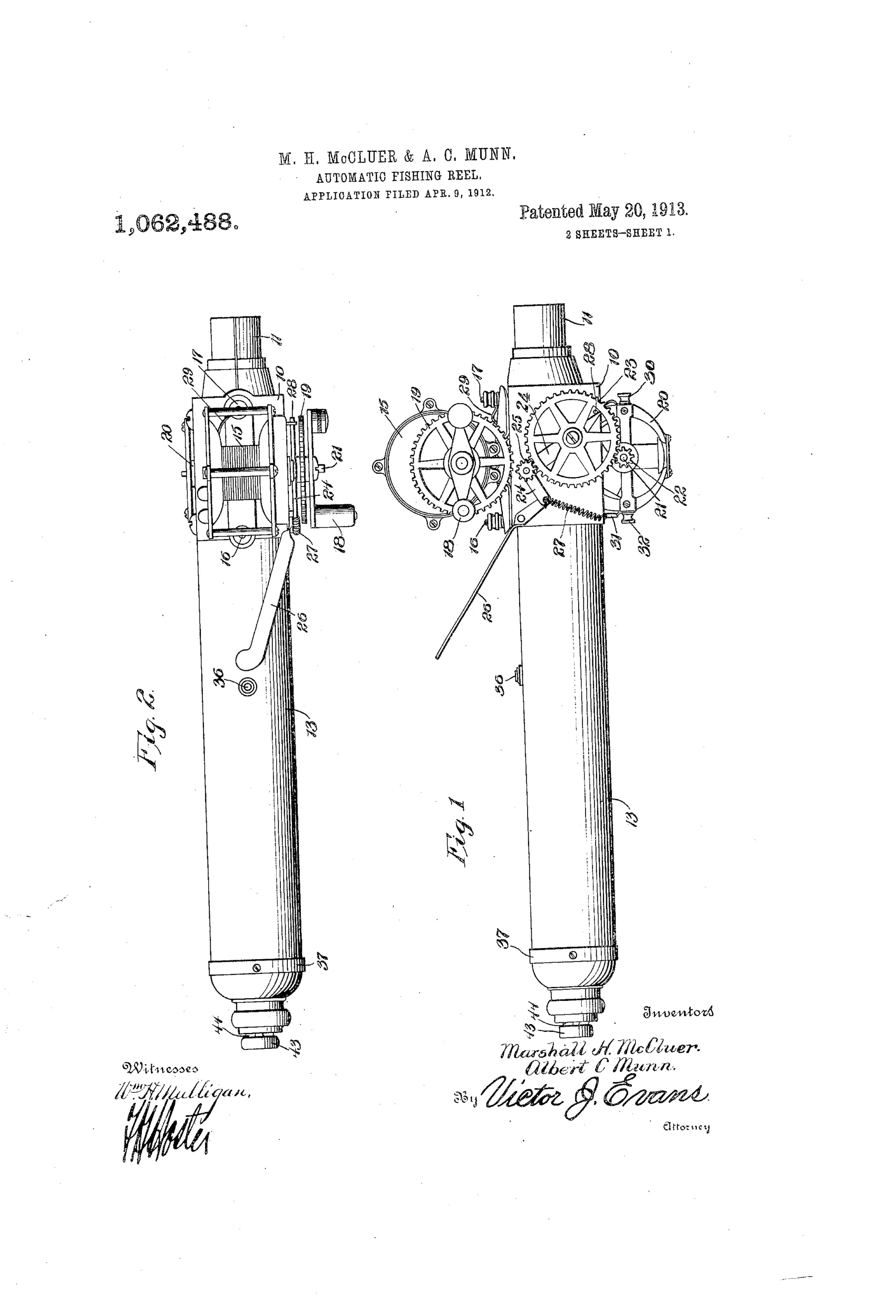 Patent drawing of a fishing rod handle and head showing an electric motor, gear train, toothed wheels, and a swinging operating lever connected to a reel, with a cross-section revealing an internal battery in the tubular handle.