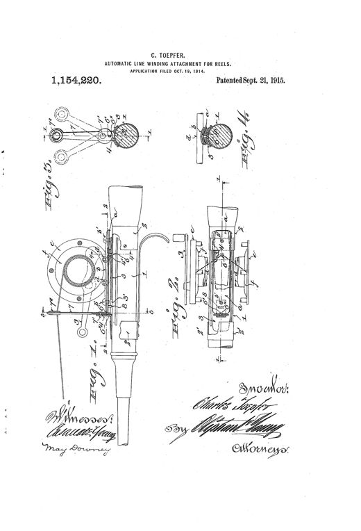 Patent drawing showing a fishing rod section with an oscillating reel frame, pivoting saddle foot, crank handle, and a line-guiding lever with an eye at its tip, illustrated in side, plan, and cross-sectional views.
