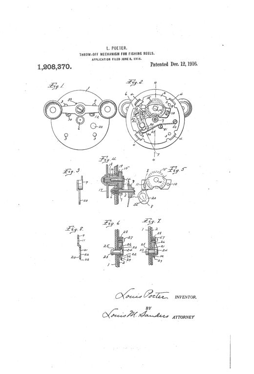 Patent drawing of a fishing reel head plate assembly showing a front view with two spool ends and crank, a detailed rear view of the gear train and pivoted bridge with numbered parts, and several cross-section diagrams illustrating the push-pin locking mechanism in engaged and disengaged positions.
