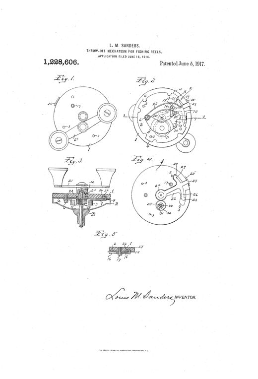 Patent drawing sheet showing five figures of a fishing reel head-plate mechanism: a front face view with spool and handle, a rear view revealing a pivoted bridge, gears, hooks and a coil spring, a cross-sectional side view, another rear view with the gears removed showing the manually operated lever and arc-shaped arms, and a small cross-section detail.