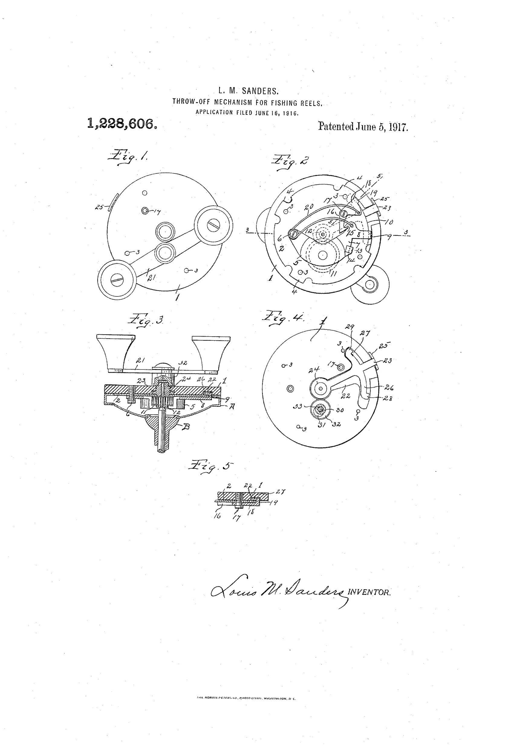 Patent drawing sheet showing five figures of a fishing reel head-plate mechanism: a front face view with spool and handle, a rear view revealing a pivoted bridge, gears, hooks and a coil spring, a cross-sectional side view, another rear view with the gears removed showing the manually operated lever and arc-shaped arms, and a small cross-section detail.