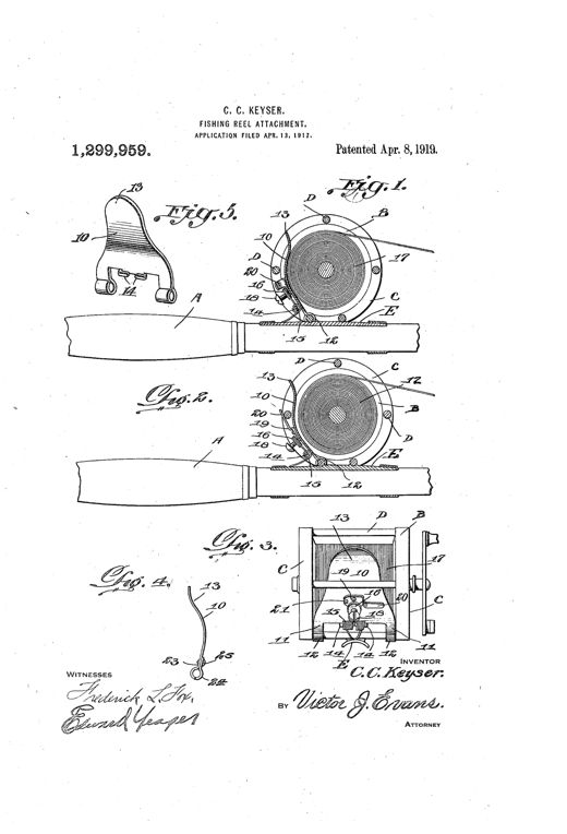 Patent drawing showing a fishing reel mounted on a rod handle, with a curved metal plate and coil spring attachment pressing against the spool, plus close-up detail views of the plate, latch, and spring mechanism.