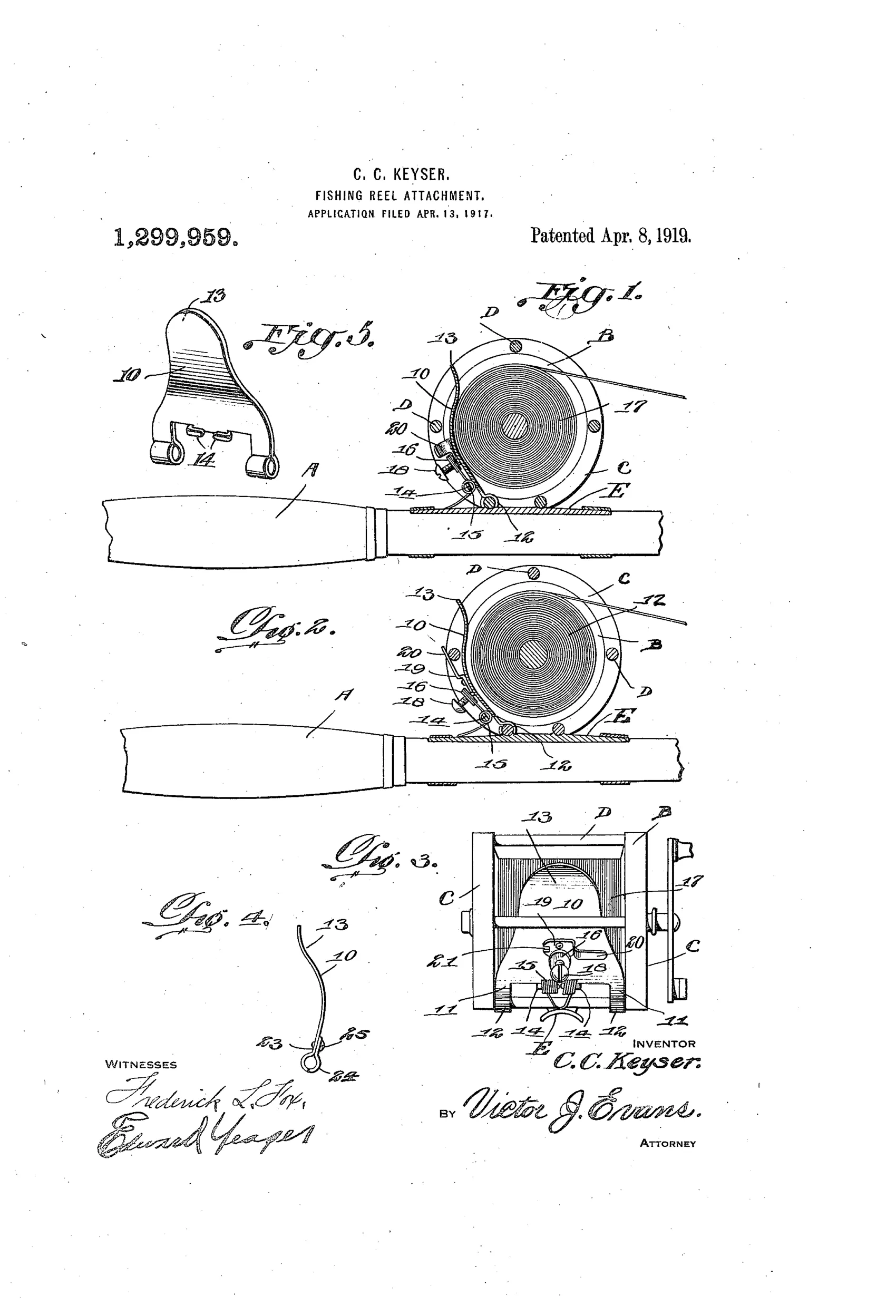 Patent drawing showing a fishing reel mounted on a rod handle, with a curved metal plate and coil spring attachment pressing against the spool, plus close-up detail views of the plate, latch, and spring mechanism.